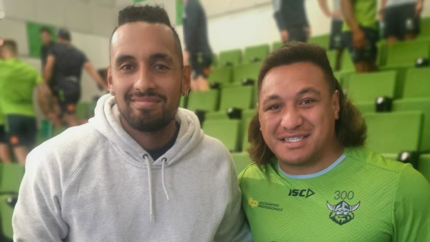 Nick Kyrgios and Josh Papalii at Raiders training last week.