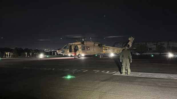 An Israeli Air Force helicopter carrying two released hostages to a medical centre in Ramat Gan, Israel, on Monday.