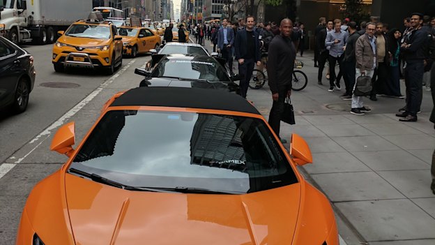 Images taken from Greg Dwyer’s social media feeds of Lamborghinis lined up at a bitcoin conference in Manhattan. 