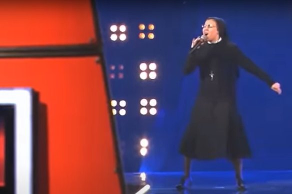 Sister Cristina Scuccia surprises the judges of The Voice in Italy with her voice and moves, in 2014.