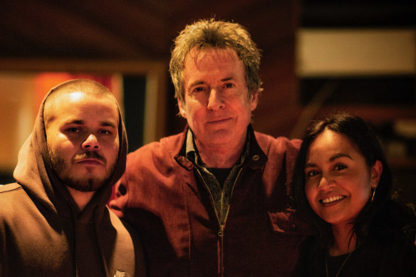 Tasman Keith, Rob Hirst and Jessica Mauboy working on the Midnight Oil album.