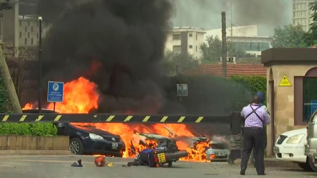 This frame taken from video shows a scene of an explosion in Kenya's capital, Nairobi, during the terror attack. 