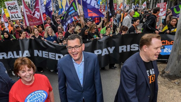 Victorian Premier Daniel Andrews attends the Union Rally through the streets of Melbourne.