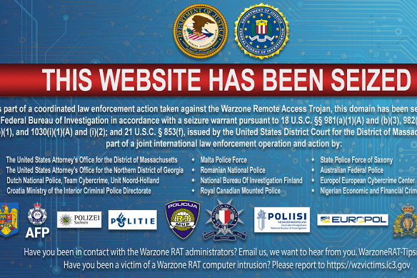 One of the websites that sold Warzone, seized by US authorities.