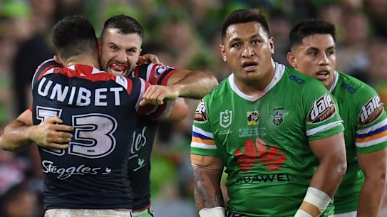 James Tedesco and Victor Radley hug after the fullback scores the match-winning.