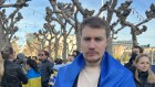 Andrey Liscovich at a pro-Ukraine rally in San Francisco. He is now back in Ukraine using the tech skills he developed at Uber to support military logistics.