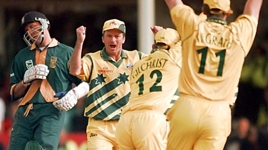 Captain Steve Waugh celebrates as South Africa’s Allan Donald is run out in the classic 1999 semi-final.