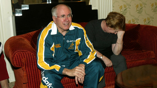 Former primer minister John Howard watches the Wallabies from London at the 2003 Rugby World Cup. 