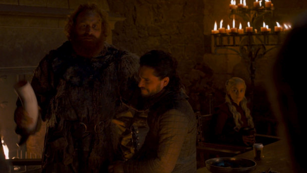 Would you like coffee with that? The offending guest star, bottom right, in a scene from Game of Thrones.
