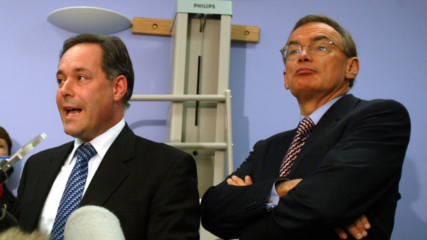 Former NSW health minister Morris Iemma and premier Bob Carr at St Vincent's hospital in Darlinghurst in April 2003 announcing new measures to be employed by NSW Health services to combat any outbreak of the deadly SARS virus.

