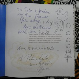 Mirka Mora's inscription in Peter Millard and Linden Dean's copy of <i>My Italian Heart</i> by Guy Grossi, which she illustrated.
