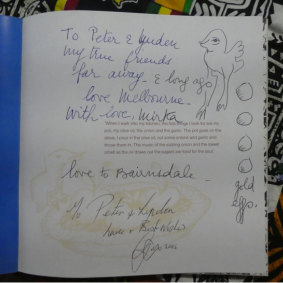 Mirka Mora's inscription in Peter Millard and Linden Dean's copy of <i>My Italian Heart</i> by Guy Grossi, which she illustrated.