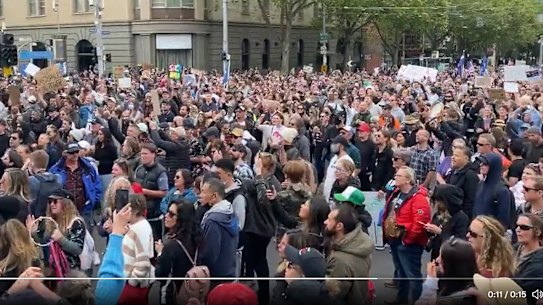 A crowd of protesters corralled on the steps of the Victorian Parliament on Saturday.