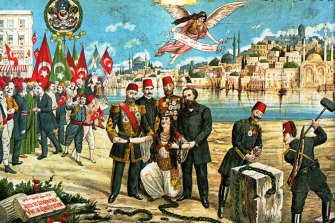 Secular and religious figures kiss and the flag of the Greek minority flies next to the Turkish one in this lithograph celebrating the 1908 Young Turk Revolution. After the revolution, Said Nursi - who inspired Fethullah Gulen - was tried for treason but acquitted. 