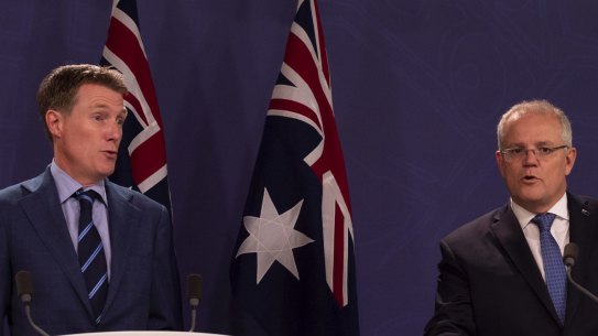 Prime Minister Scott Morrison and Attorney-General Christian Porter announcing the updated draft to religious discrimination bill. Sydney. Decemeber 10, 2019. Photo: Rhett Wyman/SMH