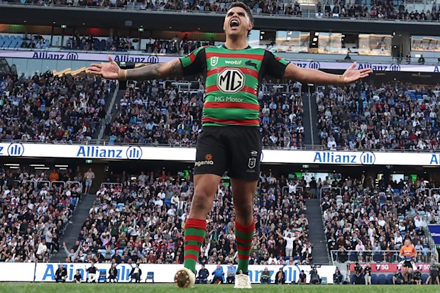 Box office: Latrell Mitchell roars to the crowd after nailing a sideline conversion against the Roosters in 2022.