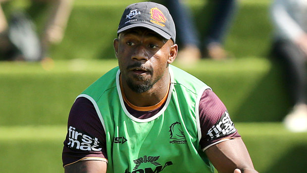 James Segeyaro in action during a Broncos training session in Brisbane on Wednesday.