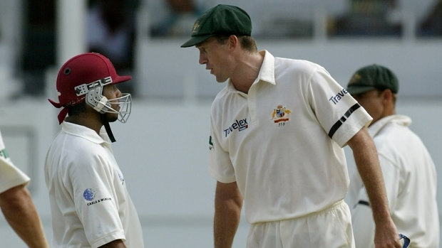 Australian bowler Glenn McGrath and West Indian batsman Ramnaresh Sarwan clash in Antigua in 2003.