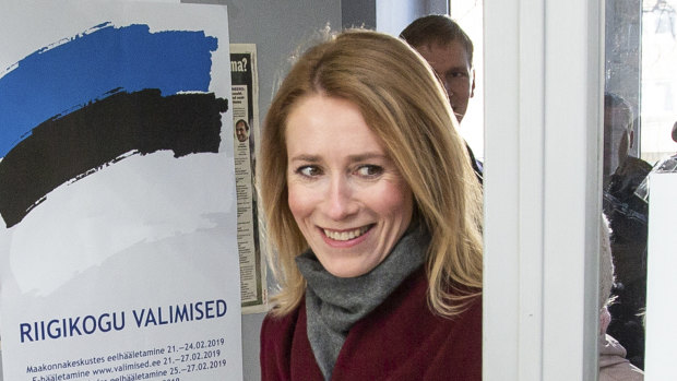 Reform Party leader Kaja Kallas arrives at a polling station during elections in Tallinn, Estonia, on Sunday.