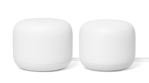 The Nest Wi-Fi router, left, is a little bigger than the add-on points which double as smart speakers.
