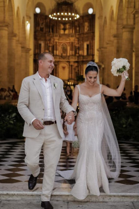 Harris Farms heir Luke Harris and his new bride Sandra Cabrera on their wedding day in Colombia.