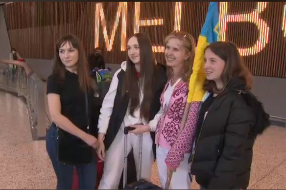 Chrestyna Kmetj (second from right) reunites with her cousin Iryna Balvan (left), niece Nastya Balvan and another family member.