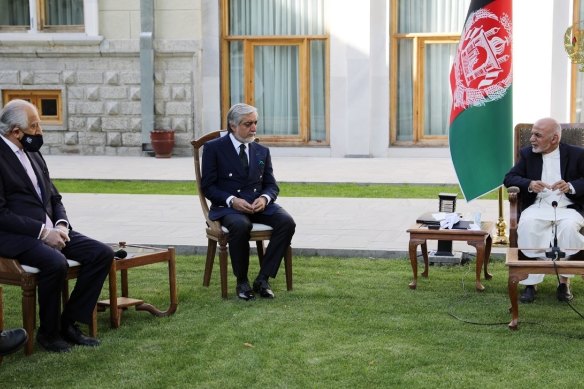 Afghan President Ashraf Ghani (right) and fellow leader Abdullah Abdullah (centre) at a meeting on Wednesday with US peace envoy Zalmay Khalilzad aimed at resuscitating the US-Taliban peace deal signed in February, at the Presidential Palace, in Kabul. 