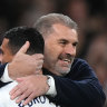 Ange Postecoglou embraces Pedro Porro after Spurs’ third goal.