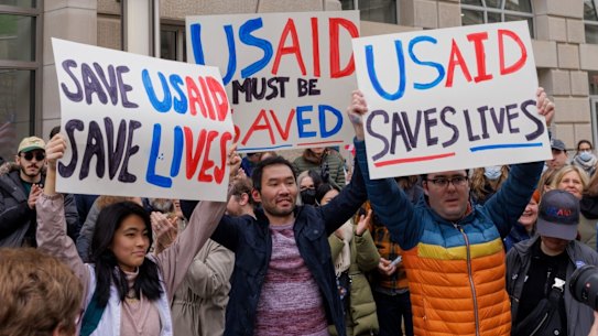 Demonstrators outside the US Agency for International Development (USAID) headquarters in Washington.