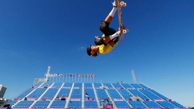 Keegan Palmer of Australia warms up for the men’s skateboarding park competition. The 18-year-old took gold for Australia in the sport’s Olympic debut.