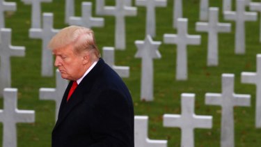 President Donald Trump prepares to speak at an American commemoration ceremony near Paris.