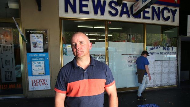 Mark Pigott outside the Taylor Square newsagent which has closed down due to lockout laws.