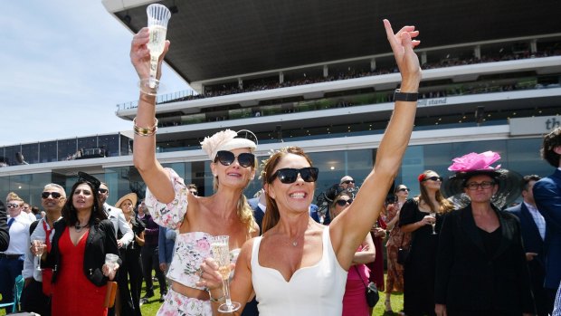 "We're going to win $300,000": A confident Vicki Morwood and her friend Kate McHenry at the Melbourne Cup.
