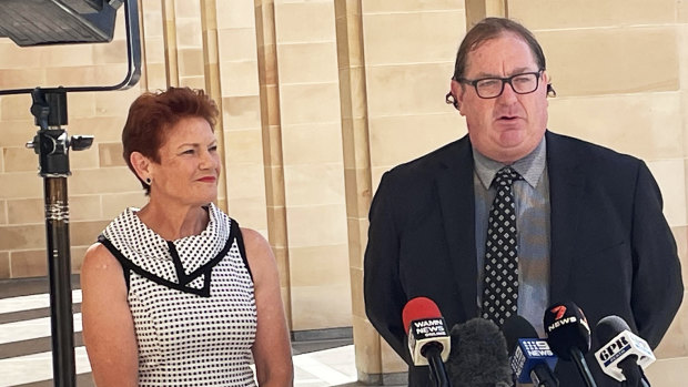 Pauline Hanson announcing MP Ben Dawkins had joined her party in February.