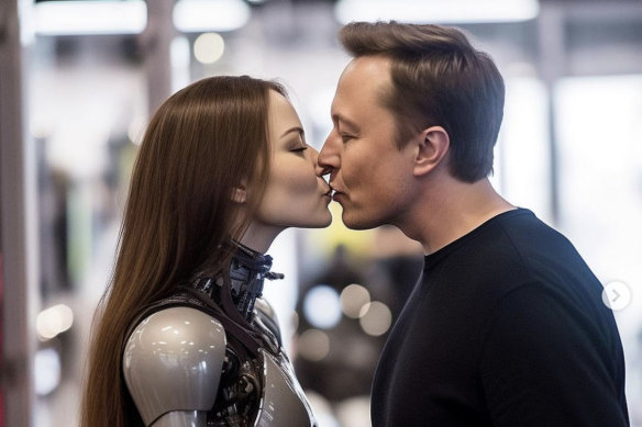 AI-generated art of billionaire entrepreneur Elon Musk embracing a lifelike robot. The image was created using Midjourney, the AI image generator, by Guerrero Art.