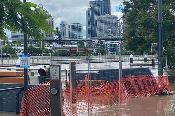 New Farm’s Riverside Walkway when it was flooded by the February 2022 floodwaters.