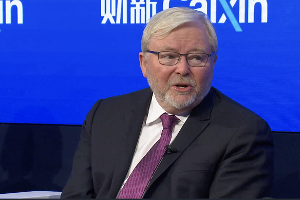 Former prime minister Kevin Rudd speaking at the World Economic Forum in Davos.