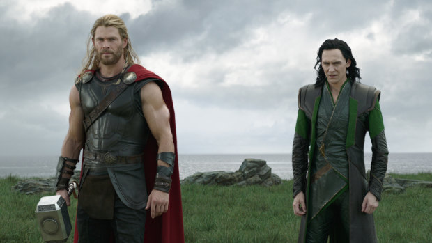 Unhappier days ... Loki (Tom Hiddleston, right) with his brother Thor (Chris Hemsworth) in Thor: Ragnarok.