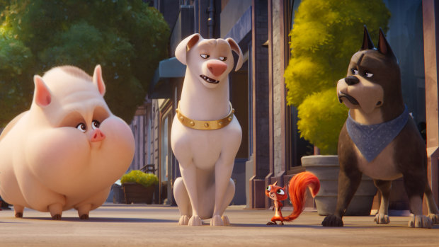 PB the pig (voiced by Vanessa Bayer), Krypto (Dwayne Johnson), Chip (Diego Luna) and Ace (Kevin Hart) are appealing bunch in <i>DC League of Super-Pets.