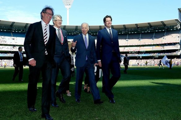 Joe Biden at the MCG during his trip to Australia in 2016 with former Melbourne Cricket Club president Stephen Smith, former AFL chairman Mike Fitzpatrick and AFL CEO Gillon McLachlan.