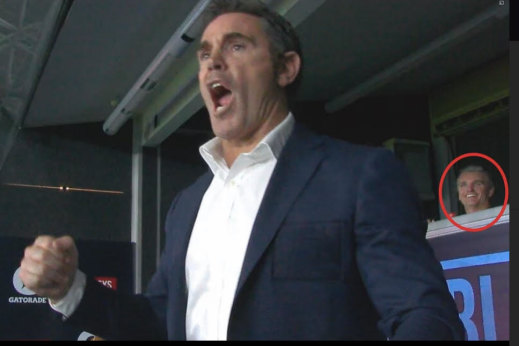 Brad Fittler with Ivan Cleary in the Blues’ coaching box on Wednesday