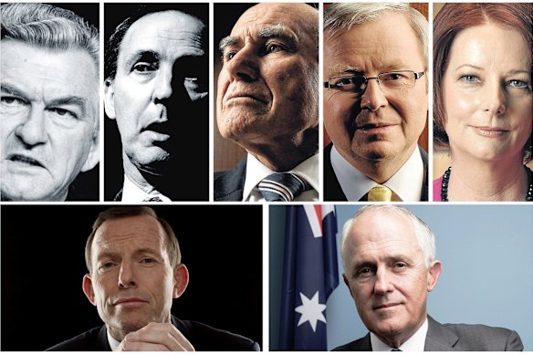 Former prime ministers (clockwise) Bob Hawke, Paul Keating, John Howard, Kevin Rudd, Julia Gillard, Malcolm Turnbull and Tony Abbott. None of the transitions were peaceful. 