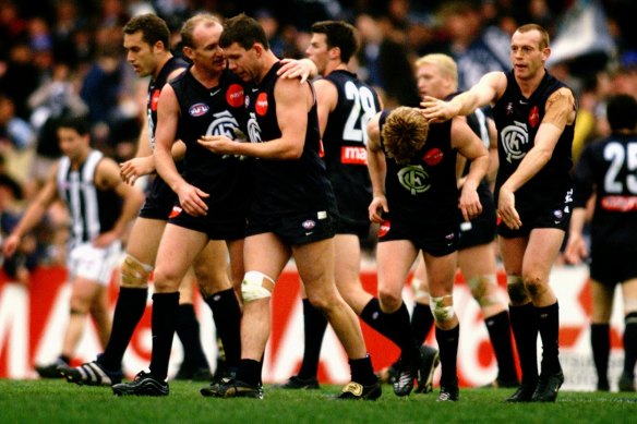 Strong history: Blues Craig Bradley and Brett Ratten in 2001.