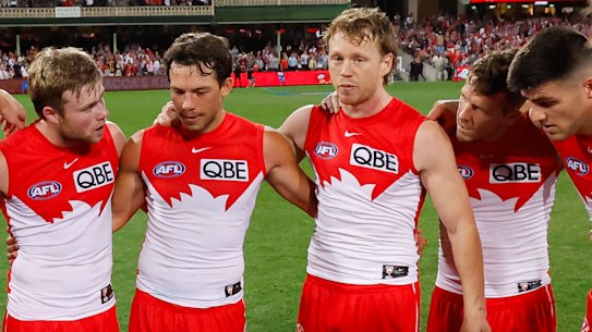 Callum Mills addresses his teammates prior to their clash with GWS.