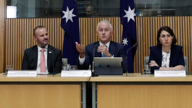 ACT Chief Minister Andrew Barr, then prime minister Malcolm Turnbull, and NSW Premier Gladys Berejiklian. The ACT is the only jurisdiction that does not refer to ministers as "the Honourable".