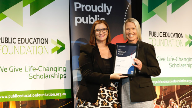 Lara Pope (right), pictured with NSW Education Minister Sarah Mitchell, was honoured for excellence in education.