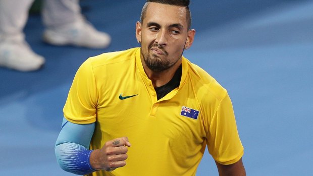Nick Kyrgios wearing the Australian colours in a Davis Cup appearance in February.