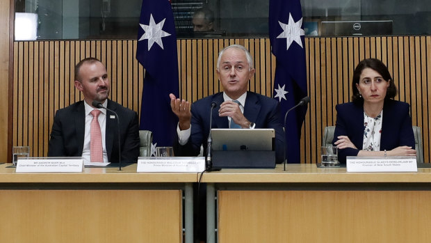 ACT Chief Minister Andrew Barr, then prime minister Malcolm Turnbull, and NSW Premier Gladys Berejiklian. The ACT is the only jurisdiction that does not refer to ministers as "the Honourable".