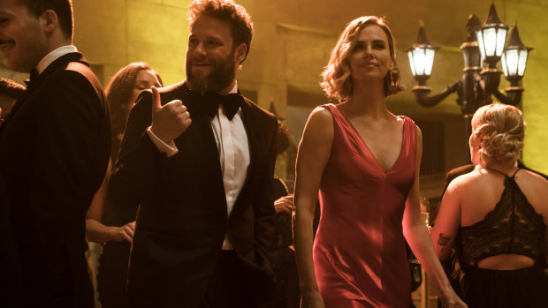Fred Flarsky (Seth Rogen) can't believe his luck when he starts dating Charlotte (Charlize Theron) in Long Shot.