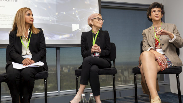 L-R: non-executive director of Blackmores and CSR, Christine Holman, Interim Chair Afterpay, NED Slater and Gordon and Mirvac Elana Rubin, and Telstra NED Nora Scheinkestel speak at the Credit Suisse Tech forum in Melbourne on October 24.